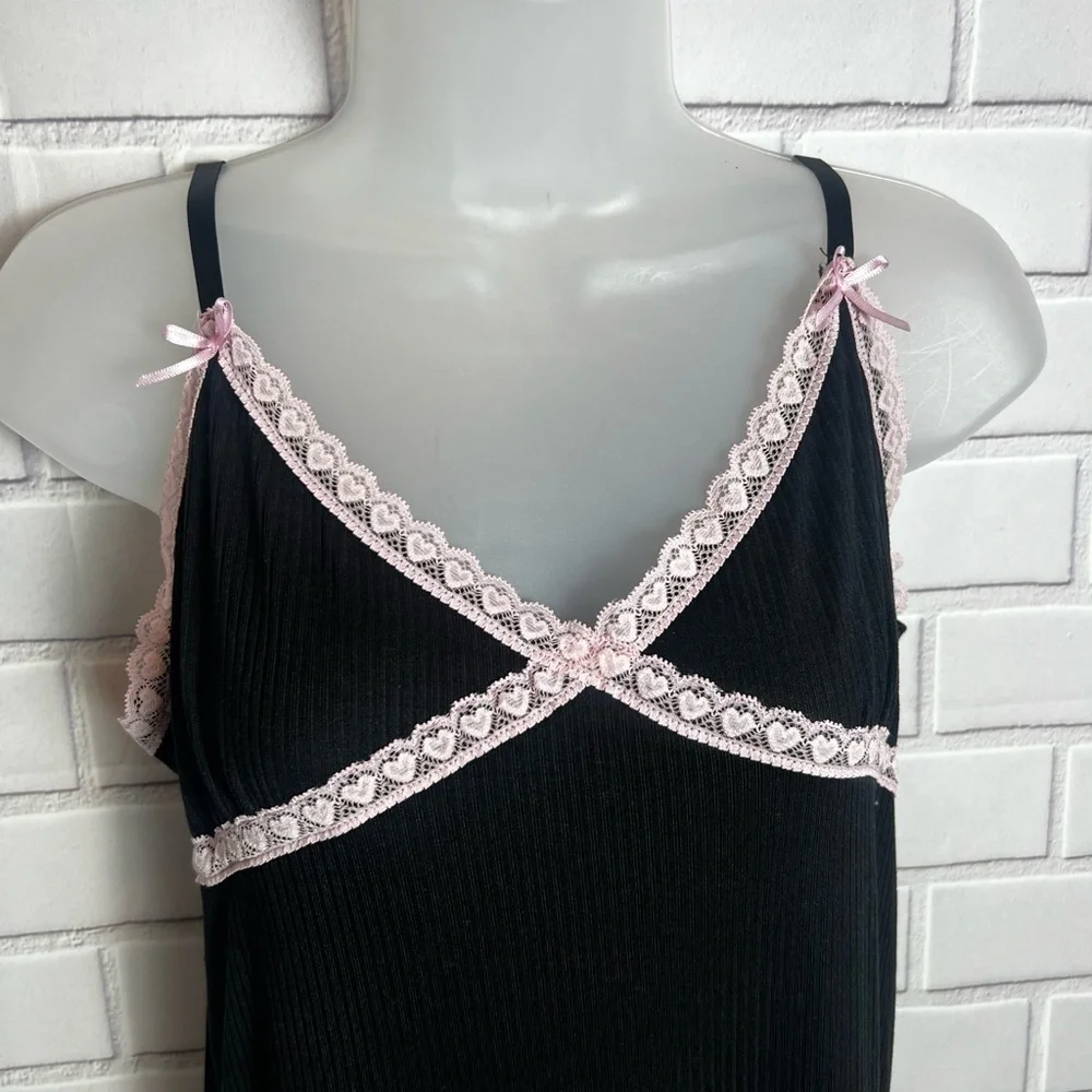Spoiled Angel Y2K Inspired Black Ribbed Pink Lace Trim Cami Sleep Dress Nightgow